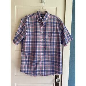 Jos. A. Bank Size Large Short Sleeve Button Front Pink & Blue Plaid Shirt